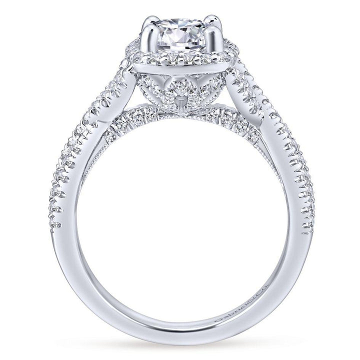 DIAMOND ENGAGEMENT RINGS - 14K White Gold 1.54cttw Crossover Double Shank With Halo Round Diamond Engagement Ring