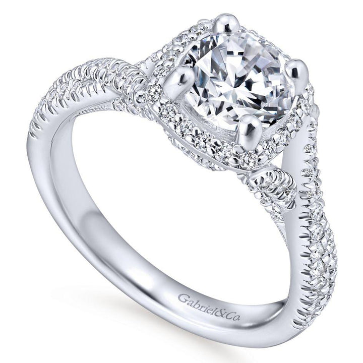 DIAMOND ENGAGEMENT RINGS - 14K White Gold 1.54cttw Crossover Double Shank With Halo Round Diamond Engagement Ring