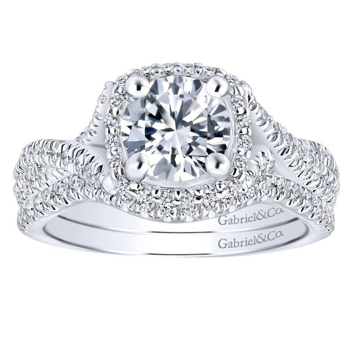 DIAMOND ENGAGEMENT RINGS - 14K White Gold 1.54cttw Crossover Double Shank With Halo Round Diamond Engagement Ring