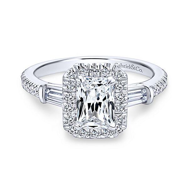 DIAMOND ENGAGEMENT RINGS - 14K White Gold 1.60cttw Emerald Cut Halo Diamond Engagement Ring With Baguette Accents