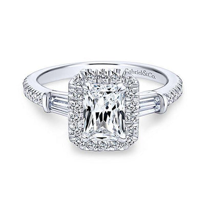 DIAMOND ENGAGEMENT RINGS - 14K White Gold 1.60cttw Emerald Cut Halo Diamond Engagement Ring With Baguette Accents