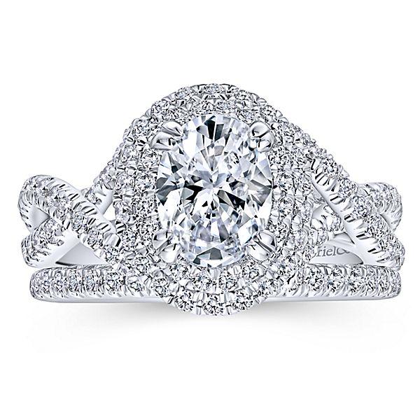 DIAMOND ENGAGEMENT RINGS - 14K White Gold 1.68cttw Oval Double Halo Diamond Engagement Ring With Crossover Shank