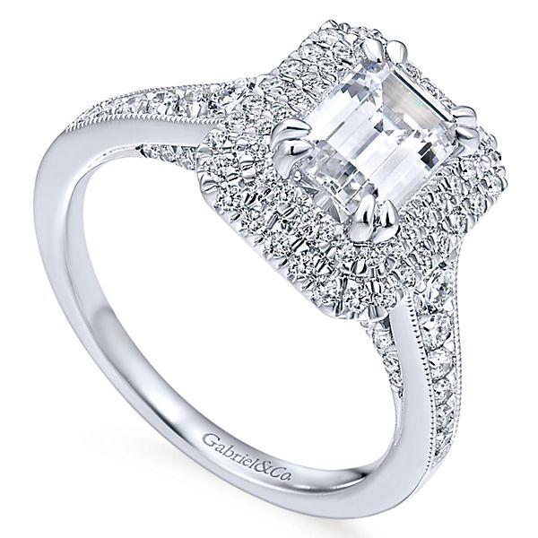 DIAMOND ENGAGEMENT RINGS - 14K White Gold 1.71cttw Vintage Inspired Double Halo Emerald Cut Diamond Engagement Ring