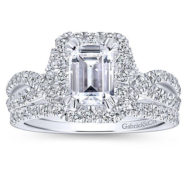 DIAMOND ENGAGEMENT RINGS - 14K White Gold 1.73cttw Emerald Cut Halo Diamond Engagement Ring With Crossover Shank