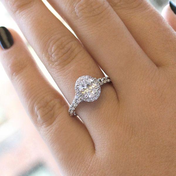 DIAMOND ENGAGEMENT RINGS - 14K White Gold 1.80cttw Oval Halo Diamond Engagement Ring With Tapered Diamond Sides