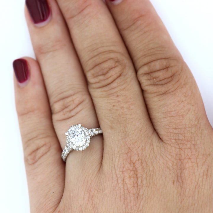 DIAMOND ENGAGEMENT RINGS - 14K White Gold 1.80cttw Oval Halo Diamond Engagement Ring With Tapered Diamond Sides
