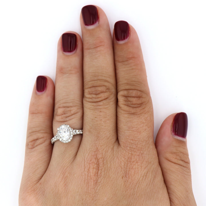 DIAMOND ENGAGEMENT RINGS - 14K White Gold 1.80cttw Oval Halo Diamond Engagement Ring With Tapered Diamond Sides