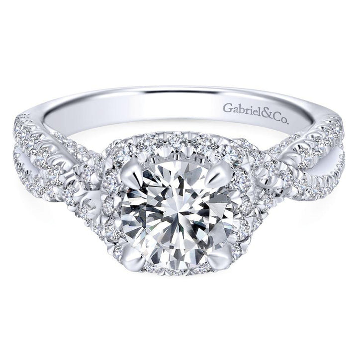 DIAMOND ENGAGEMENT RINGS - 14K White Gold 1.85cttw Cushion Shaped Halo With Crossover Shank Round Diamond Engagement Ring