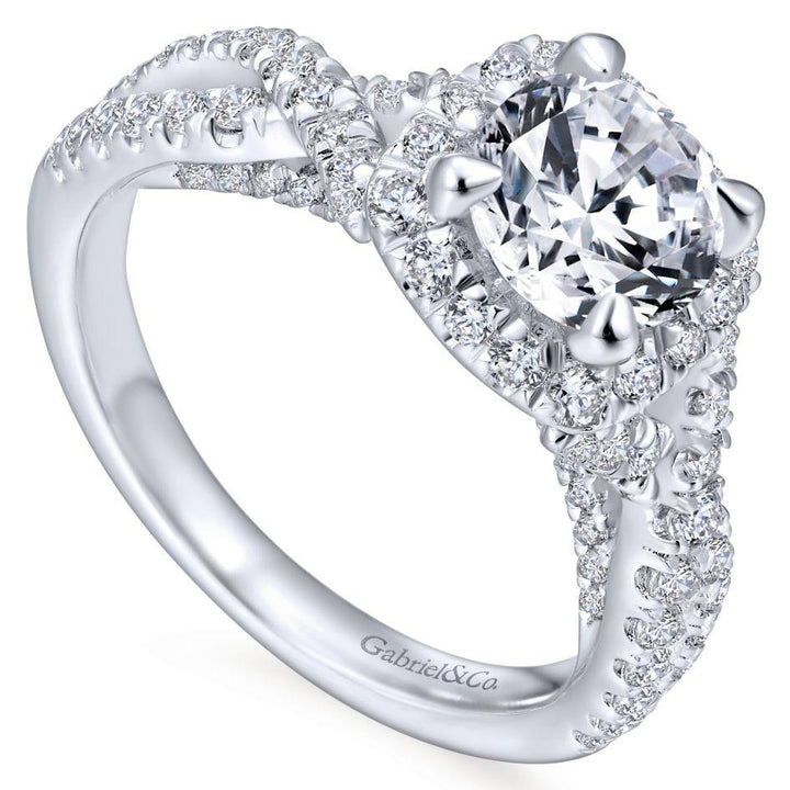 DIAMOND ENGAGEMENT RINGS - 14K White Gold 1.85cttw Cushion Shaped Halo With Crossover Shank Round Diamond Engagement Ring
