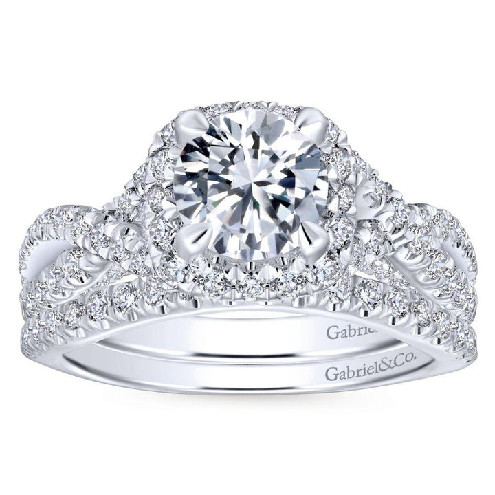 DIAMOND ENGAGEMENT RINGS - 14K White Gold 1.85cttw Cushion Shaped Halo With Crossover Shank Round Diamond Engagement Ring