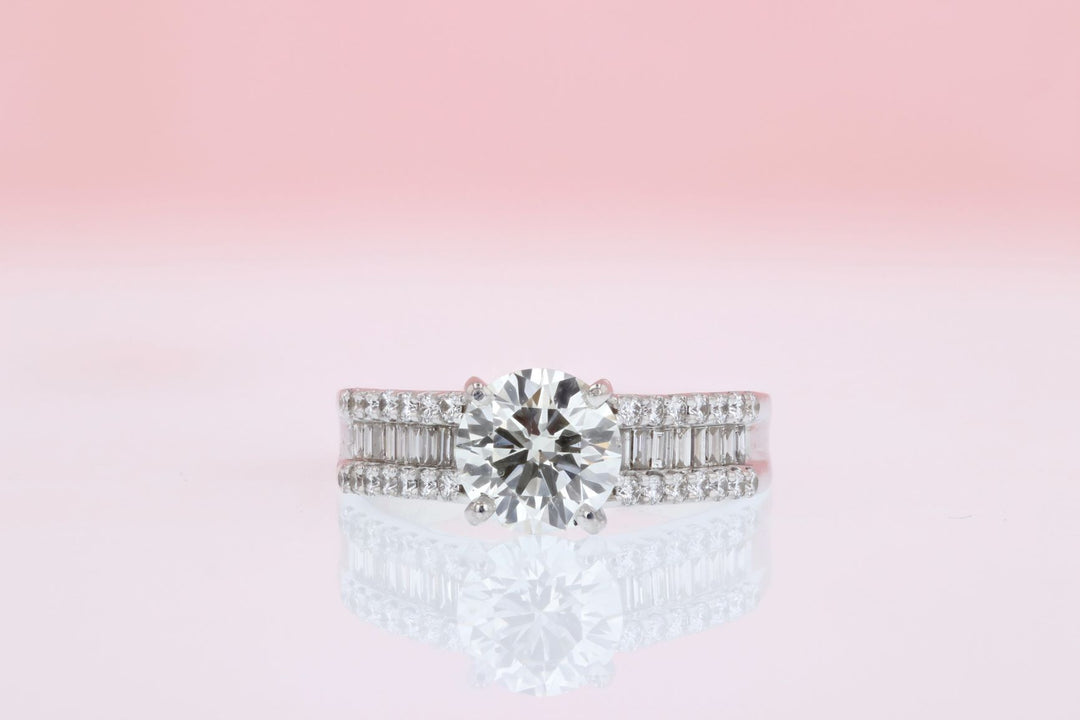 DIAMOND ENGAGEMENT RINGS - 14K White Gold 2.06cttw With 1.46ct Center Round & Baguette Diamond Engagement Ring