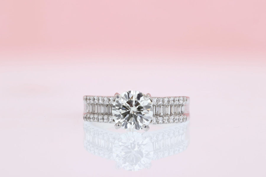 DIAMOND ENGAGEMENT RINGS - 14K White Gold 2.06cttw With 1.46ct Center Round & Baguette Diamond Engagement Ring