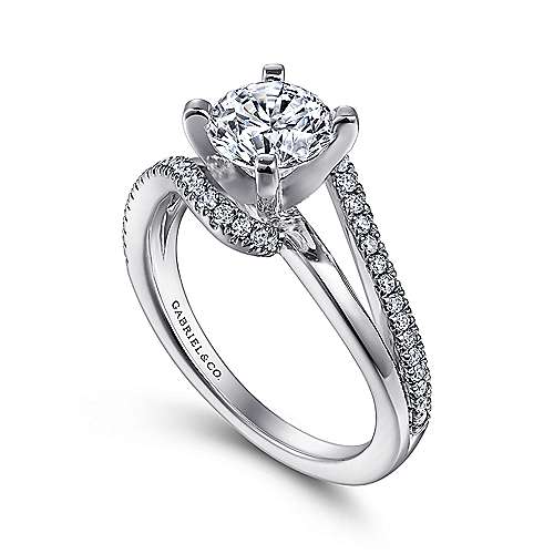 DIAMOND ENGAGEMENT RINGS - 14K White Gold .20cttw Pave And Polished Bypass Style Split Shank Round Diamond Engagement Ring