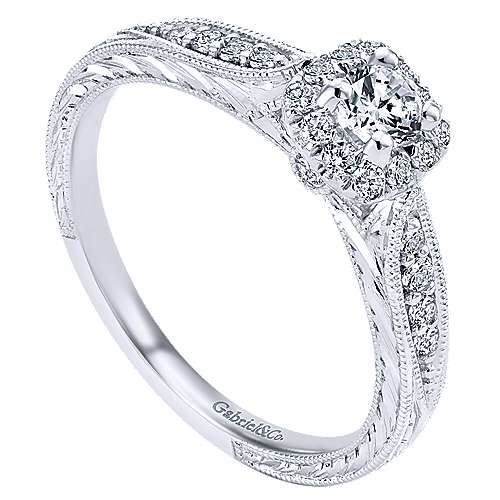 DIAMOND ENGAGEMENT RINGS - 14K White Gold .37cttw With .16ct F/SI2 Center Petite Round Halo Diamond Engagement Ring