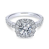 DIAMOND ENGAGEMENT RINGS - 14K White Gold .95cttw Large Prong Set Round Diamond Engagement Ring With Cushion Shaped Halo