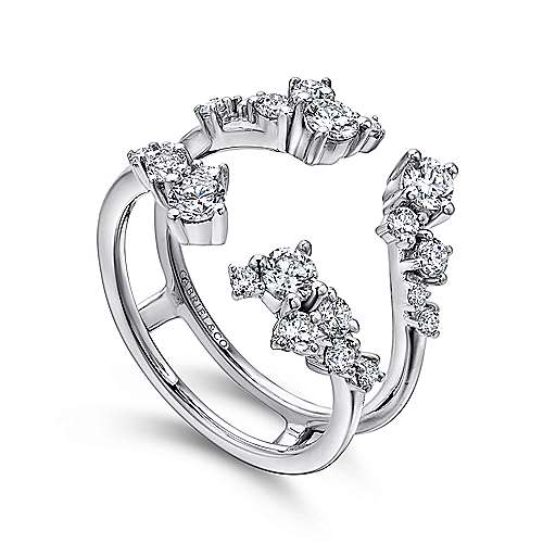DIAMOND ENGAGEMENT RINGS - 14K White Gold .97cttw Prong Set Asymmetrical Constellation Style Diamond Ring Jacket Wedding Band