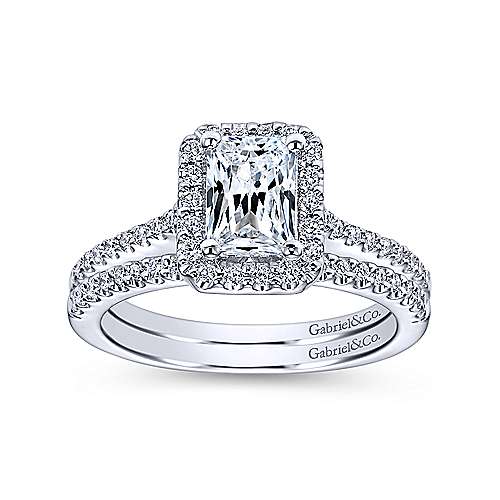 Emerald Cut Halo Diamond Ring .26 Cttw 14K White Gold 380A