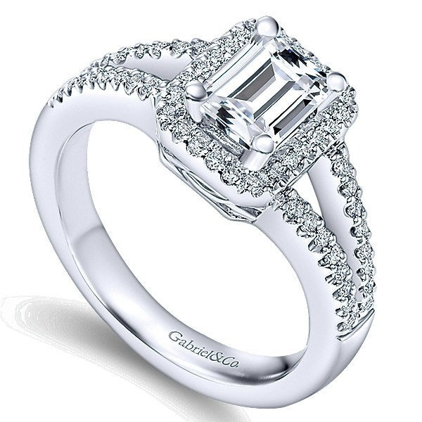 DIAMOND ENGAGEMENT RINGS - 14K White Gold Emerald Cut Halo Split Shank Diamond Engagement Ring