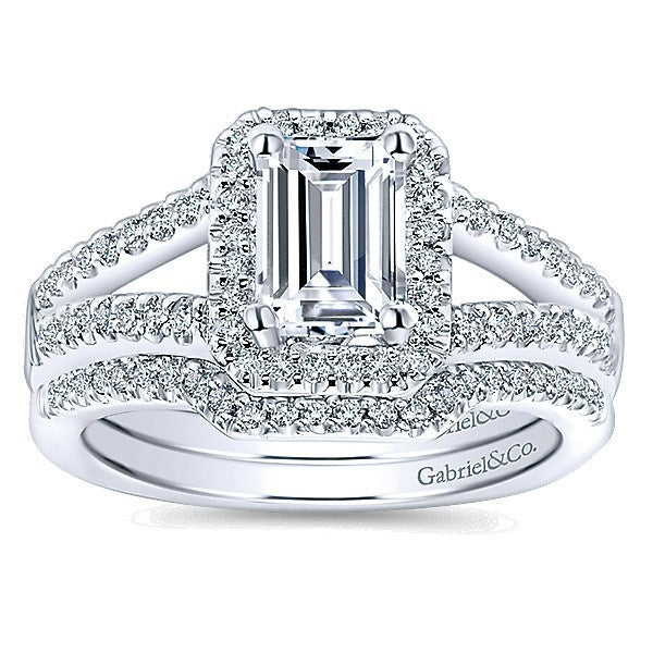 DIAMOND ENGAGEMENT RINGS - 14K White Gold Emerald Cut Halo Split Shank Diamond Engagement Ring