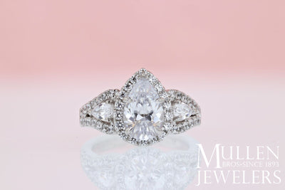 DIAMOND ENGAGEMENT RINGS - 14K White Gold Pear Shaped 3-Stone Halo Diamond Engagement Ring