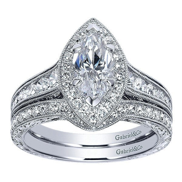 DIAMOND ENGAGEMENT RINGS - 14K White Marquise Halo Diamond Engagement Ring With Engraved Shank