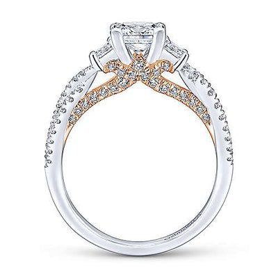 DIAMOND ENGAGEMENT RINGS - 14K White & Rose Gold .69cttw 3-Stone Plus Princess Cut Diamond Engagement Ring With Rose Accent