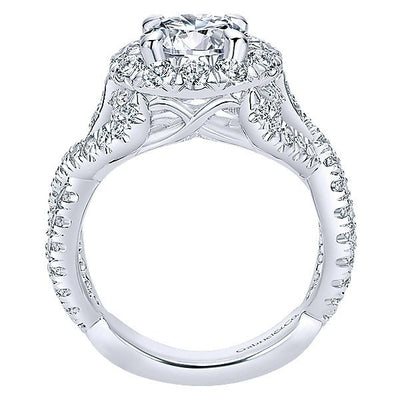 DIAMOND ENGAGEMENT RINGS - 18K White Gold Interlaced Split Shank Style Halo Diamond Engagement Ring