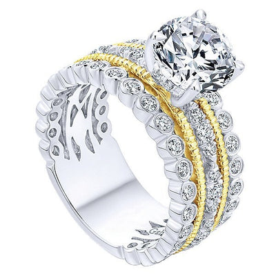 DIAMOND ENGAGEMENT RINGS - 18K Yellow And White Gold Stacked Vintage Style Diamond Engagement Ring
