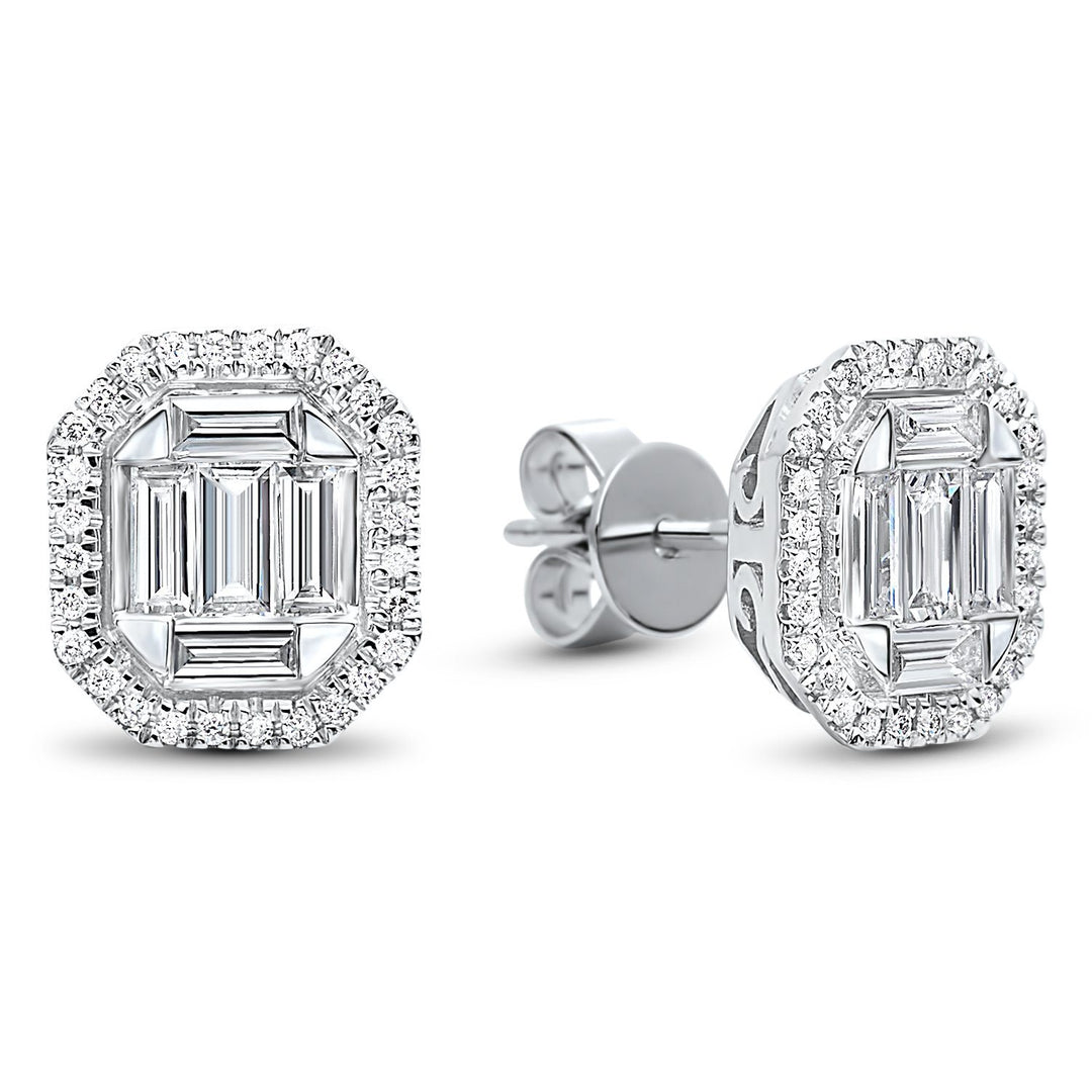 DIAMOND JEWELRY - 14K White Gold 3/4cttw Baguette Halo Diamond Stud Earrings