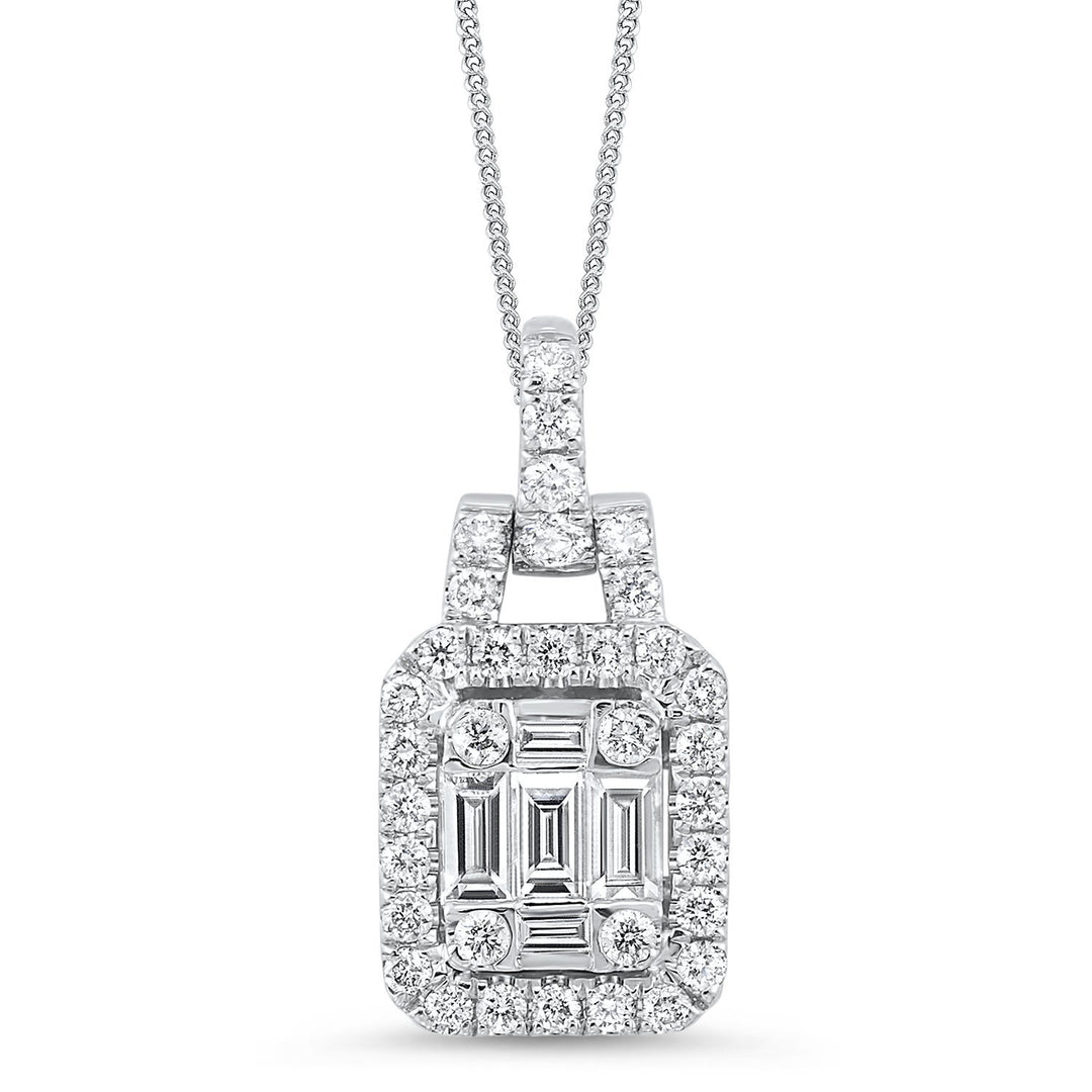 DIAMOND JEWELRY - 14K White Gold .60cttw Baguette And Round Diamond Halo Cluster Necklace