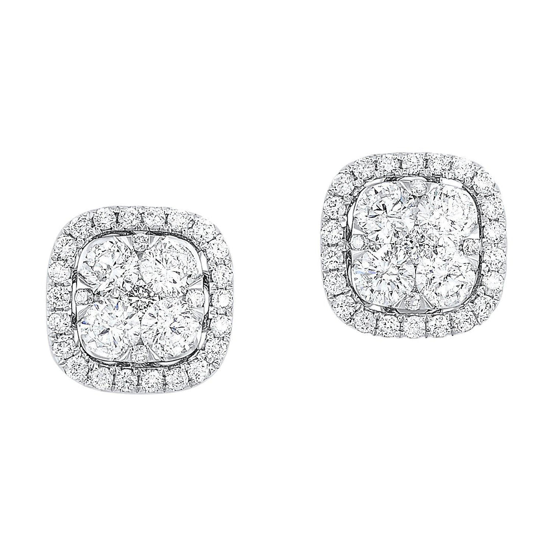 EARRINGS - 14K White Gold 1cttw Uno Cushion Shaped Halo Cluster Earrings