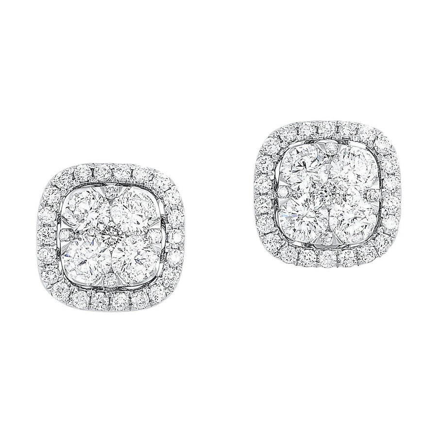 EARRINGS - 14K White Gold 1cttw Uno Cushion Shaped Halo Cluster Earrings