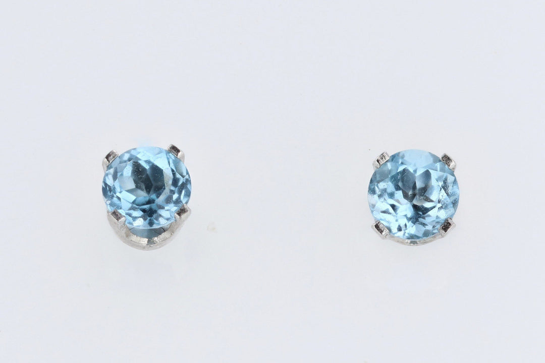 EARRINGS - 14K White Gold 4mm Round Blue Topaz Stud Earrings