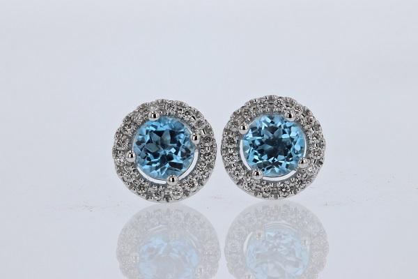 EARRINGS - 14K White Gold 5mm Round Blue Topaz Diamond Halo Stud Earrings