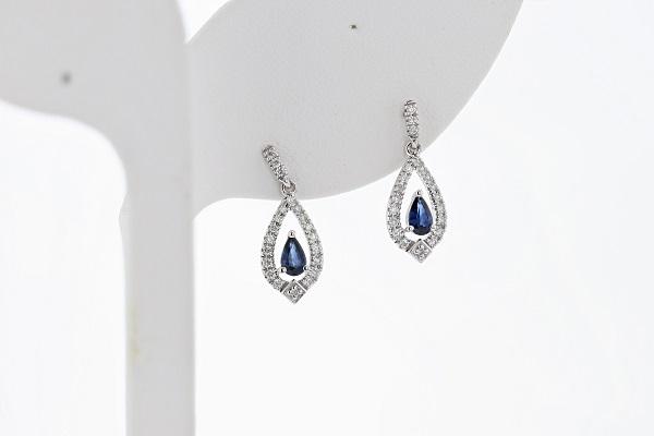 EARRINGS - 14K White Gold Pear Shaped Sapphire And Diamond Dangle Earrings