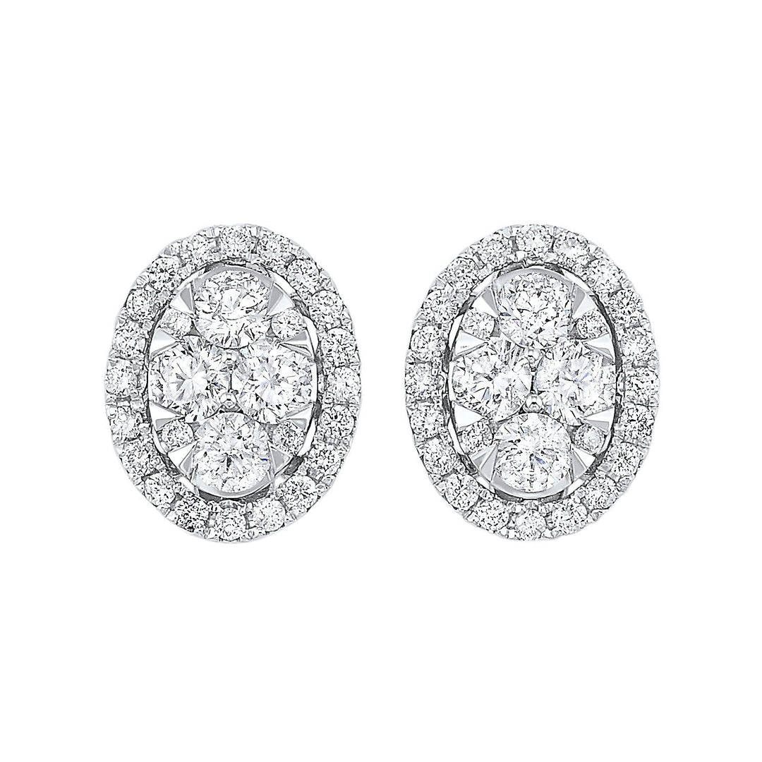EARRINGS - 14K White Gold Starbright 3/4cttw Diamond Oval Halo Cluster Stud Earrings