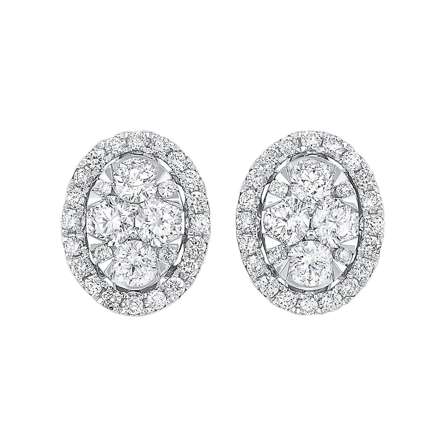 EARRINGS - 14K White Gold Starbright 3/4cttw Diamond Oval Halo Cluster Stud Earrings