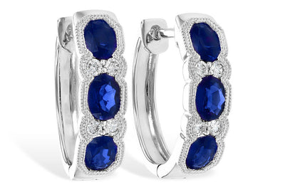 EARRINGS - 14K White Gold Vintage Inspired Oval Blue Sapphire & Diamond Huggie Earrings