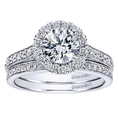 ENGAGEMENT - 1.47cttw Round Halo Diamond Engagement Ring With Bead Set Side Diamonds