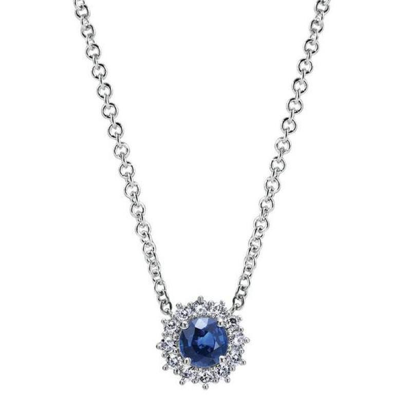 JEWELRY - 14k White Gold Sapphire And Diamond Halo Style Necklace