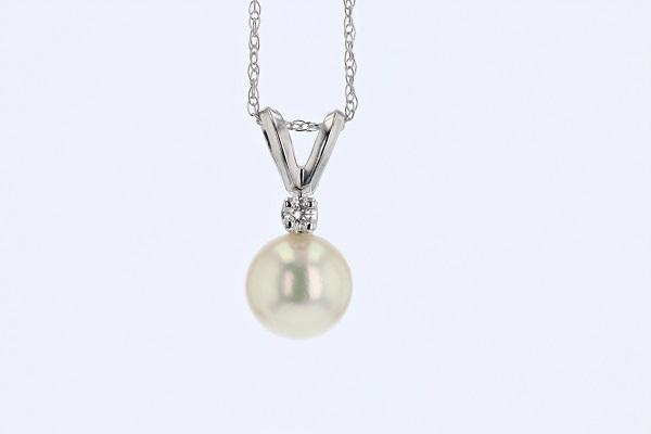 NECKLACES - 14K White Gold 6.5mm Akoya Pearl And .03cttw Diamond Pendant