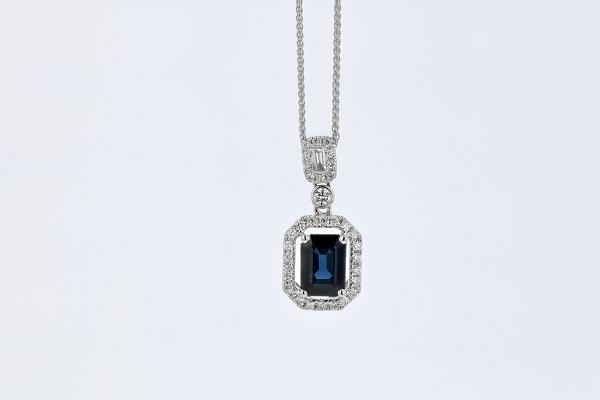 NECKLACES - 14K White Gold 7x5 Sapphire & .21cttw Diamond Halo Pendant