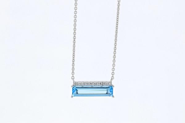 NECKLACES - 14K White Gold Elongated Emerald Cut Blue Topaz Diamond Necklace