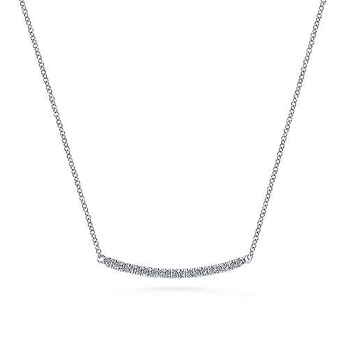 14K White Gold Curved .18cttw Diamond Bar Necklace with Pave Set Diamonds
