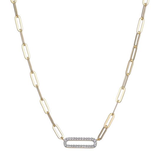 NECKLACES - Sterling Silver Two-tone 17" Necklace Made With Paperclip Chain & CZ Link In Center