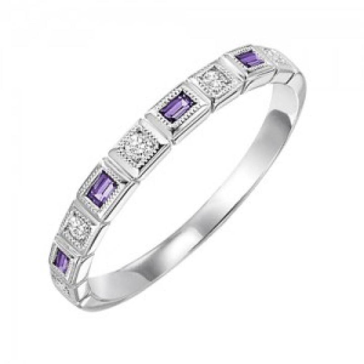 RINGS - 10k White Gold Diamond And Emerald Cut Amethyst Birthstone Ring