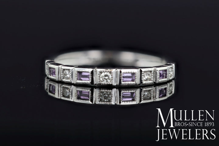 RINGS - 10k White Gold Diamond And Emerald Cut Amethyst Birthstone Ring