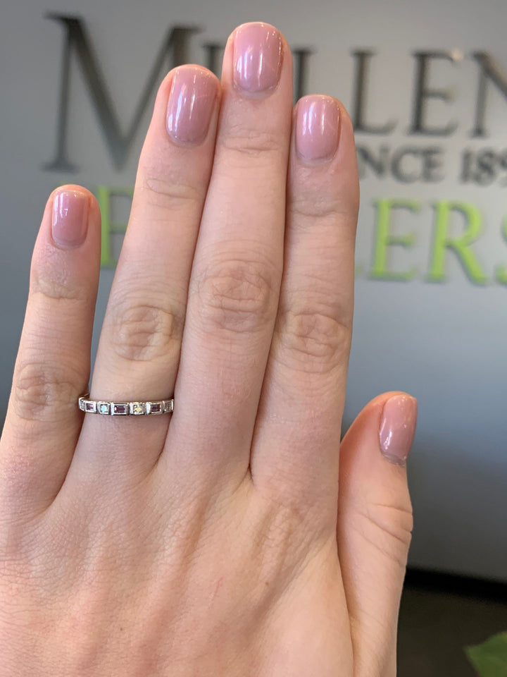 RINGS - 10k White Gold Diamond And Emerald Cut Amethyst Birthstone Ring