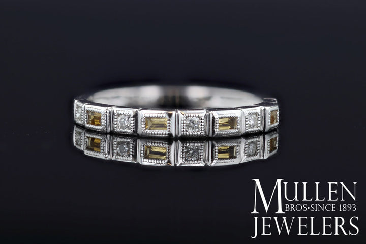 RINGS - 10k White Gold Diamond And Emerald Cut Citrine Birthstone Ring