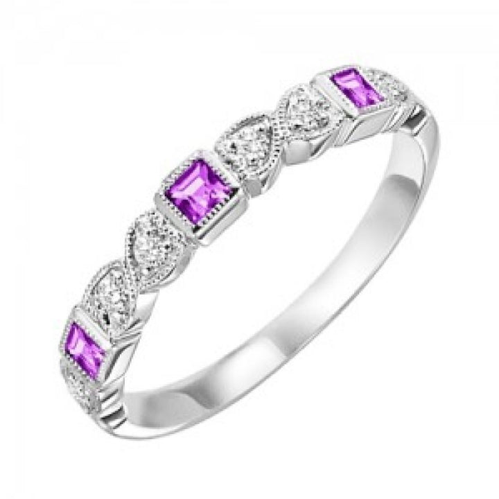 RINGS - 10k White Gold Diamond And Square Ruby Birthstone Ring